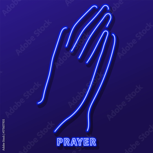 prayer hand neon sign, modern glowing banner design, colorful modern design trends. Vector illustration.