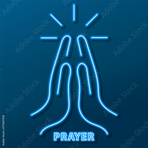 prayer hand neon sign, modern glowing banner design, colorful modern design trends. Vector illustration.