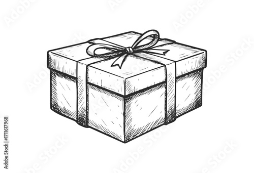 Hand-drawn gift box with ribbon: detailed sketch of present with bow - stock vector