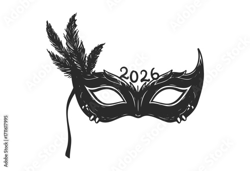 Black carnival mask with feathers and 2026 number design - stock vector