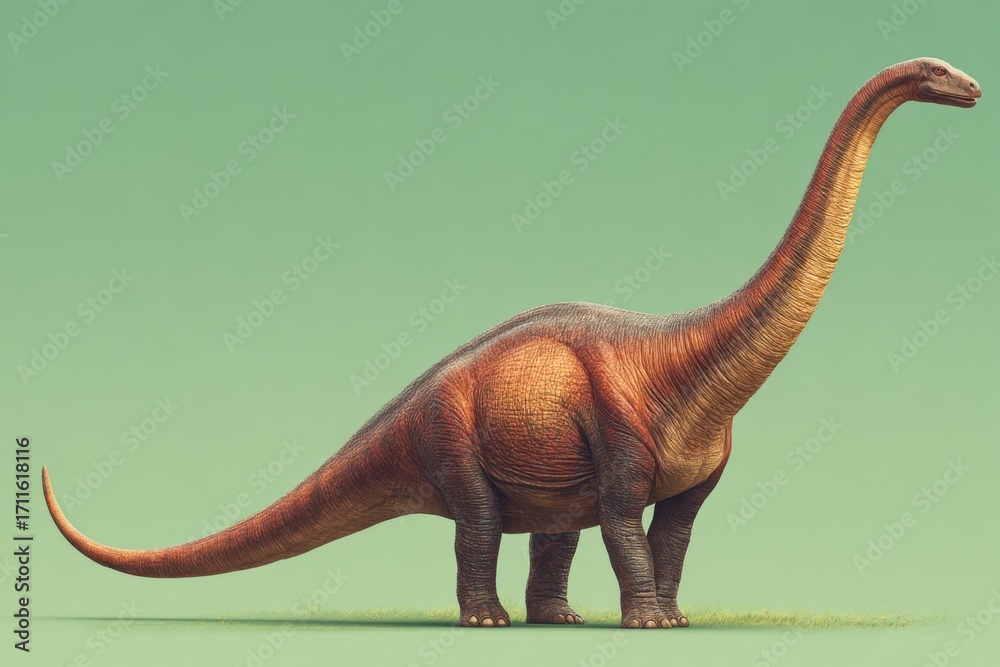 Fototapeta premium Colorful Toy Dinosaur Standing Proudly on a Vibrant Green Surface Surrounded by a Playful Environment Evoking Joy and Imagination for Children