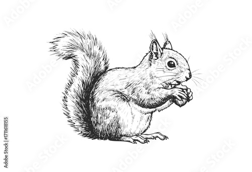 Detailed black and white sketch of squirrel eating nut with bushy tail - stock vector