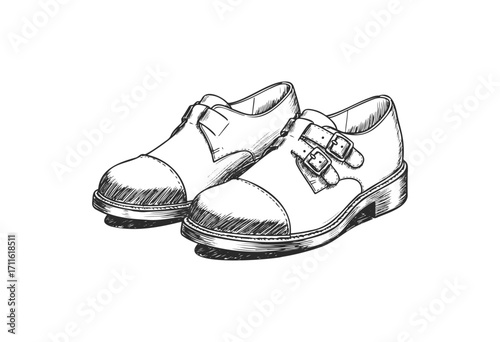 Vintage black and white sketch of buckled dress shoes - stock vector