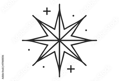 Abstract nautical star with geometric lines and minimalist dots and sparkles - stock vector