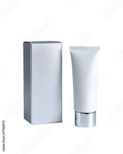 Blank white cosmetic packaging, a rectangular box and a tube
