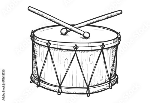 Hand-drawn snare drum with sticks illustrating musical instrument - stock vector