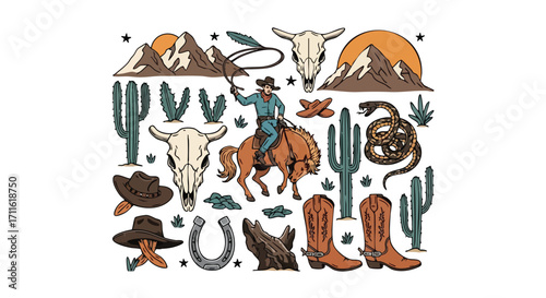 Explore the wild west with a cowboy riding a horse in the desert landscape art design