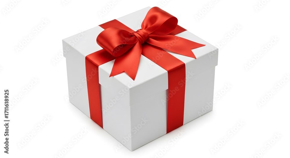 Fototapeta premium Pristine White Gift Box, Satin Ribbon Elegance, Symmetrical Bow Design, Luxurious Festive Charm, Radiant Red Presentation