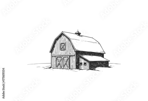 Rustic barn sketch: vintage farmhouse with gabled roof and wooden planks - stock vector