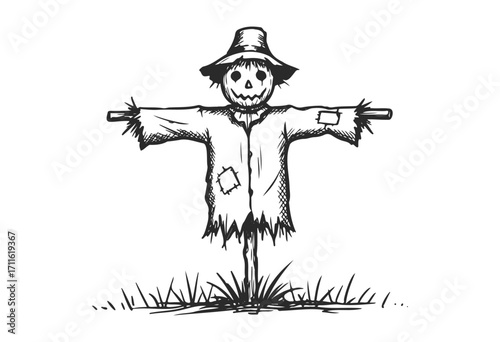 Halloween scarecrow with hat and patched clothing in field sketch - stock vector
