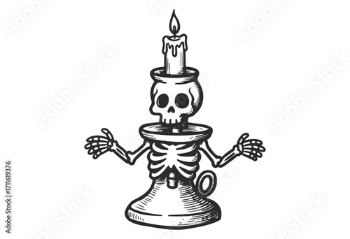 Vintage skull candle holder with skeleton detail and dripping wax - stock vector