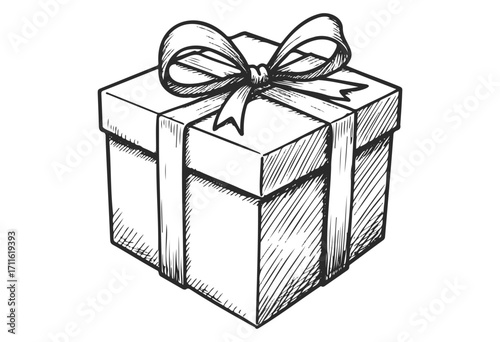 Hand-drawn gift box sketch with ribbon and bow in black and white - stock vector