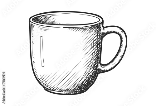 Hand-drawn sketch of a simple ceramic mug with handle in black ink - stock vector