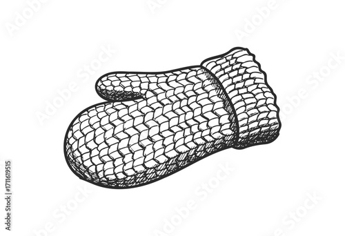 Hand drawn woolen knitted mitten illustration in black and white - stock vector