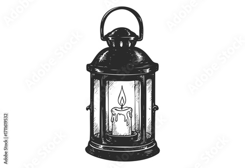 Vintage lantern with candle sketch: classic black and white drawing - stock vector