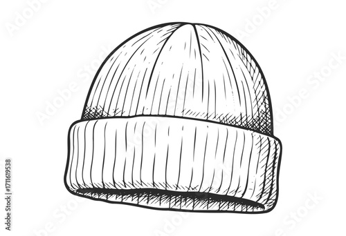 Hand-drawn knitted beanie hat sketch with folded cuff in black ink - stock vector
