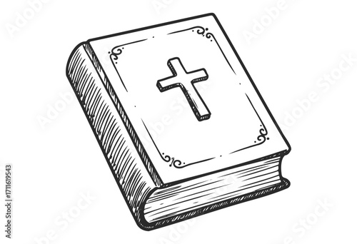 Hand-drawn bible with cross on cover: religious illustration of christian scripture - stock vector