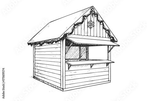 Rustic wooden market stall with open window and snowflake decoration - stock vector