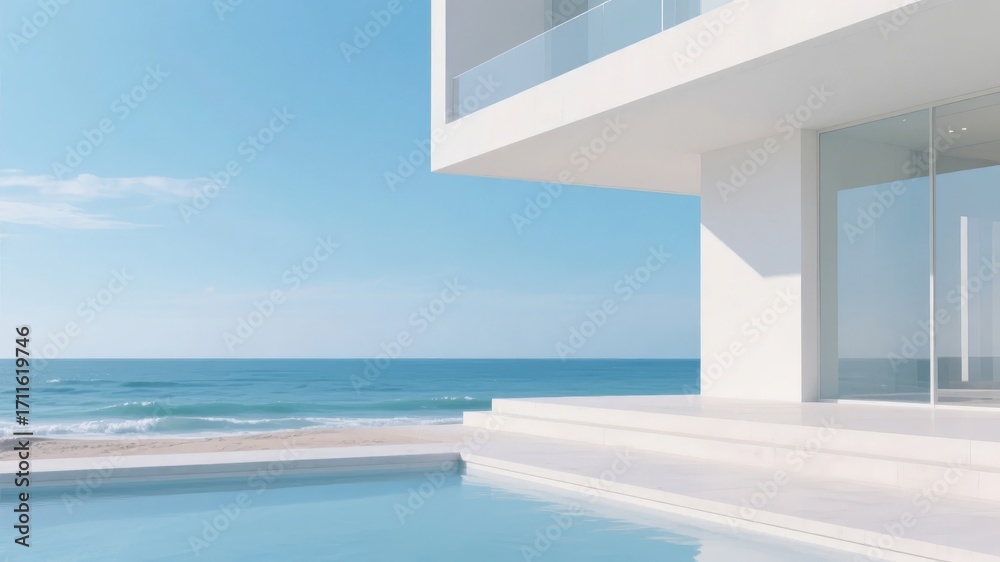 Fototapeta premium Modern white architectural structure with infinity pool overlooking the ocean under a clear blue sky