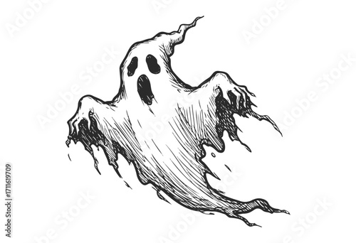 Monochrome illustration of a spooky ghost with torn edges and wavy details - stock vector