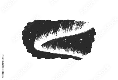 Monochrome northern lights abstract artwork with starry night sky - stock vector
