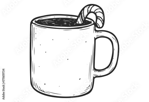 Hand-drawn mug with candy cane handle in black and white illustration style - stock vector