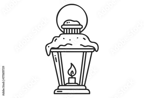 Hand-drawn winter lantern with candle flame and snow illustration - stock vector