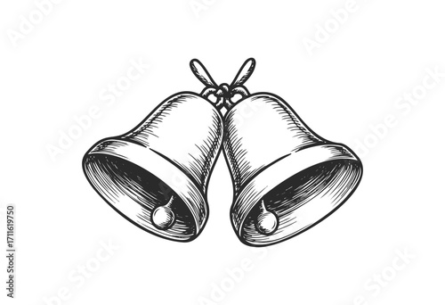 Hand-drawn illustration of two intertwined wedding bells with ribbon - stock vector