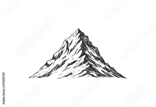 Hand-drawn mountain peak illustration in black and white - stock vector