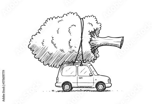 Cartoon car carrying huge tree on roof - humorous illustration with exaggerated proportions - stock vector