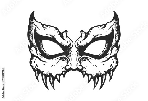 Intricate black and white demon mask with horns and fangs illustration - stock vector