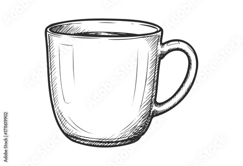 Hand-drawn illustration of a ceramic coffee mug with handle in monochrome style - stock vector