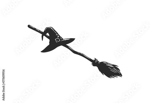 Witch's broomstick with hat illustration - stock vector
