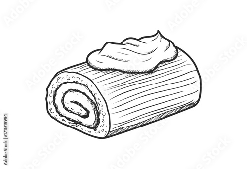 Sketch of rolled cake with cream topping - stock vector