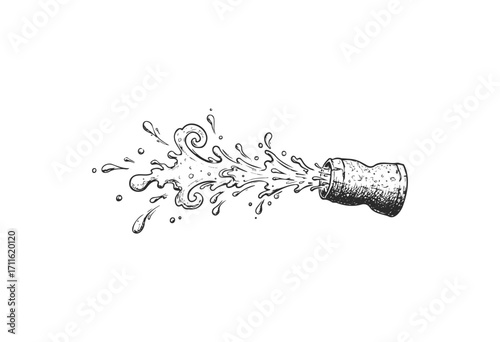 Hand-drawn water splash flowing from rustic pipe in vintage style - stock vector