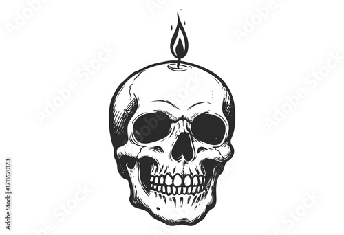 Skull with candle flame on top - black and white illustration - stock vector