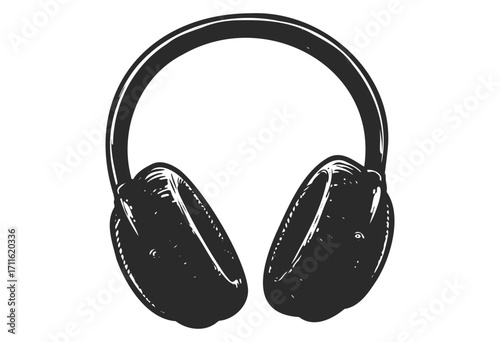 Monochrome sketch of modern over-ear headphones with detailed design - stock vector