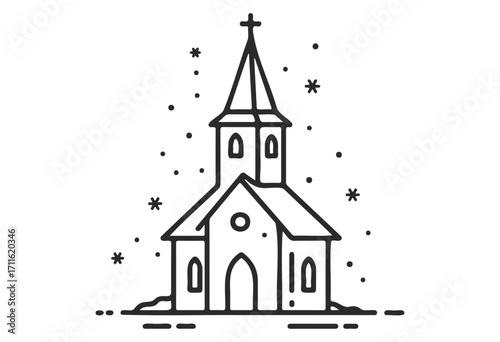 Simple line drawing of church with bell tower and snowflakes - stock vector