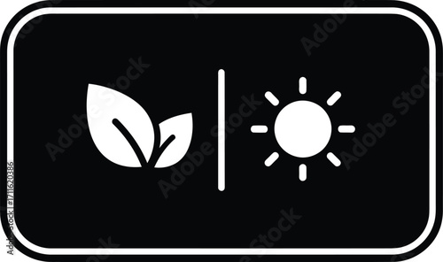 Minimalist black and white icon featuring a leaf and a sun, separated by a line, symbolizing nature, growth, and light.