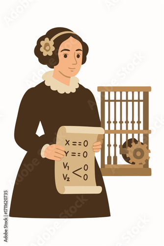 Ada Lovelace The First Computer Programmer with Algorithm Sheet Illustration