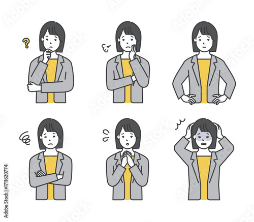 悩む女性ビジネスパーソンのイラストセット
