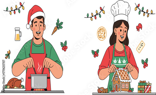 Christmas cooking, holiday baking, festive kitchen, gingerbread house, roasted turkey, chef hat, Santa apron, seasonal food, celebration, joyful preparation