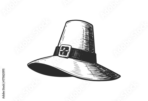 Vintage pilgrim hat with buckle sketch in black and white - stock vector