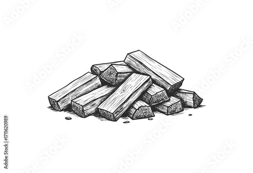 Hand-drawn firewood pile illustration in black and white style - stock vector