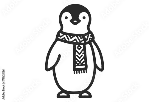 Cute black and white penguin with winter scarf illustration - stock vector
