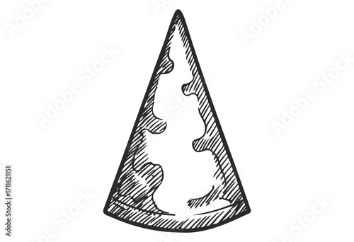Monochrome sketch illustration of a wedge-shaped cheese slice with detailed linework - stock vector