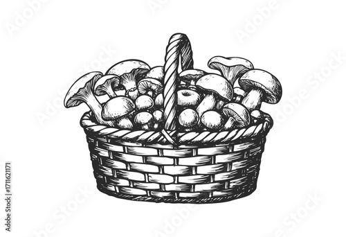 Hand-drawn basket of wild mushrooms with detailed sketch design - stock vector