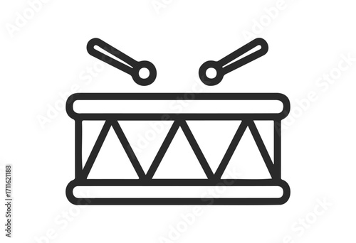 Simple black and white drum icon with drumsticks - stock vector