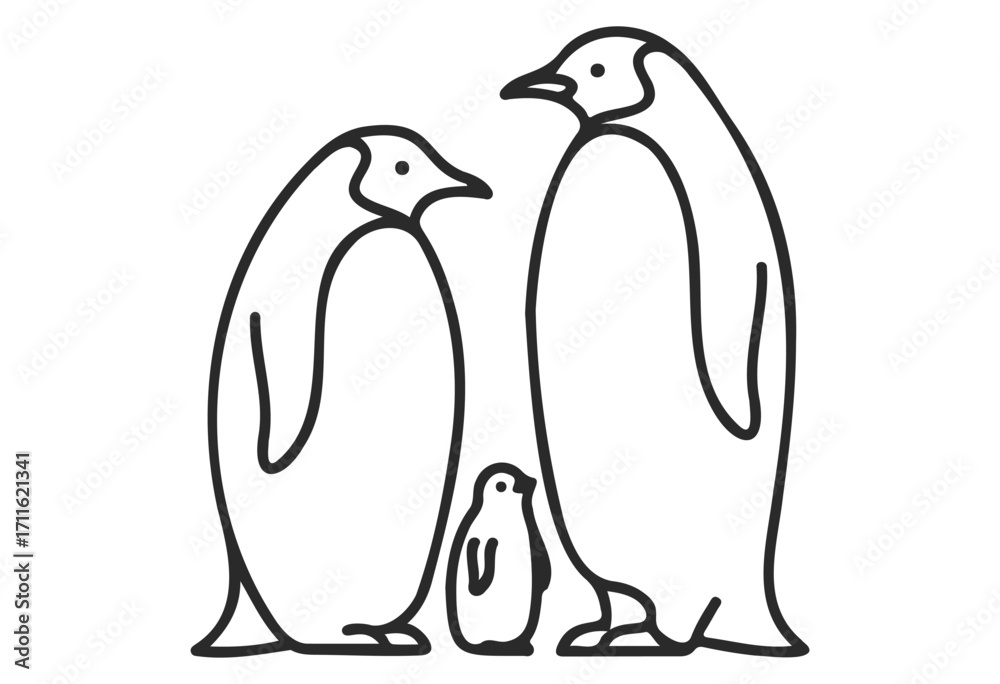 Naklejka premium Line art of emperor penguin family with chick in minimalist style - stock vector