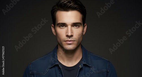 Male Studio Portrait, Direct Forward Gaze, Natural Fair Elegance, Dark Brown Highlighted Hair, Subtle Facial Definition